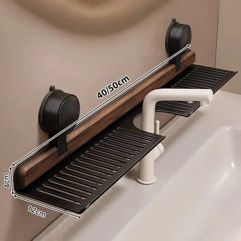 Sink Shelf Walnut Wood Suction-Mount Drain Slots