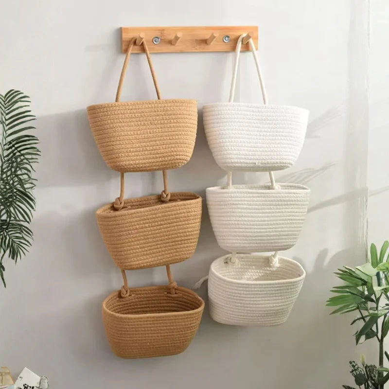 3-Tier Hanging Basket Cotton & Linen Wall-Mounted