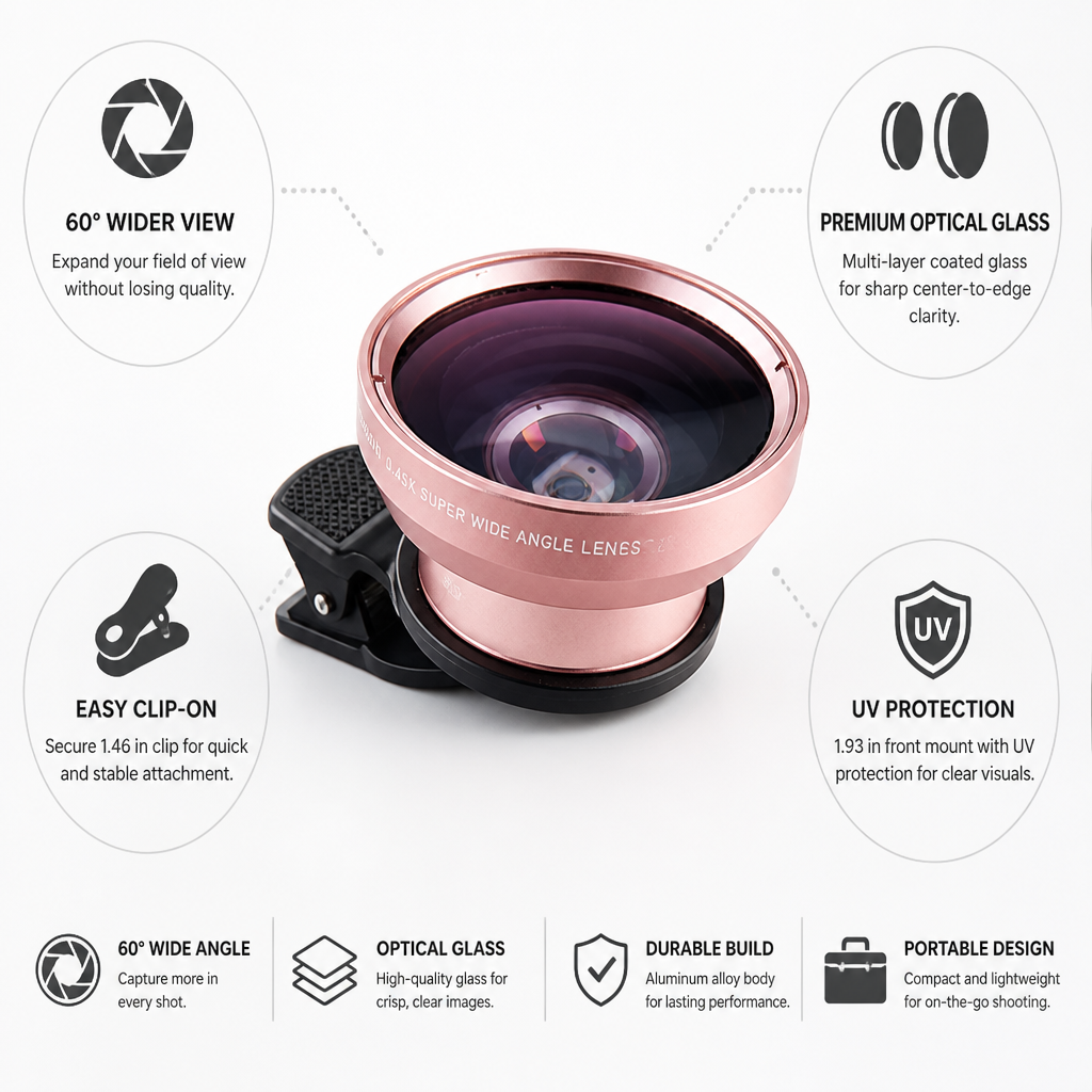 60° Wide-Angle Optical Glass Clip-On Fisheye Lens Kit