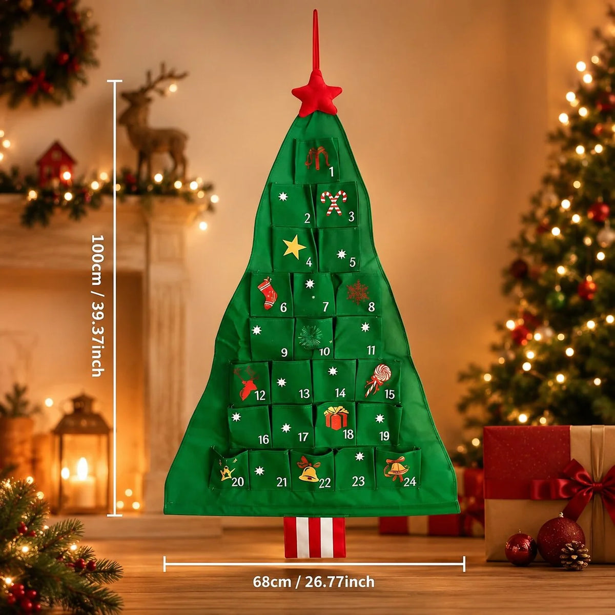 Advent Calendar Christmas Tree Reusable Fabric 24 Pockets