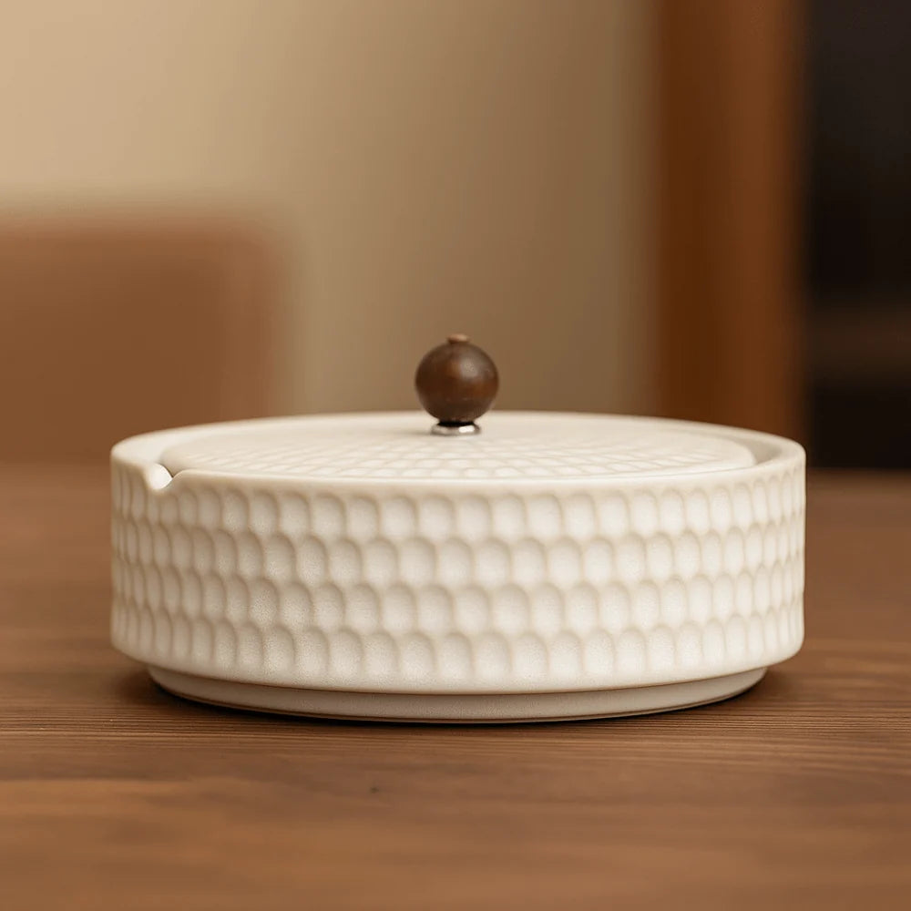 Ashtray Glazed Ceramic With Wooden Lid