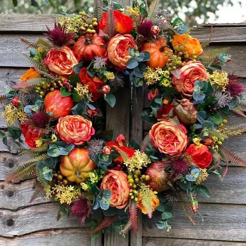 Autumn Wreath Rattan Base With Faux Pumpkins & Leaves