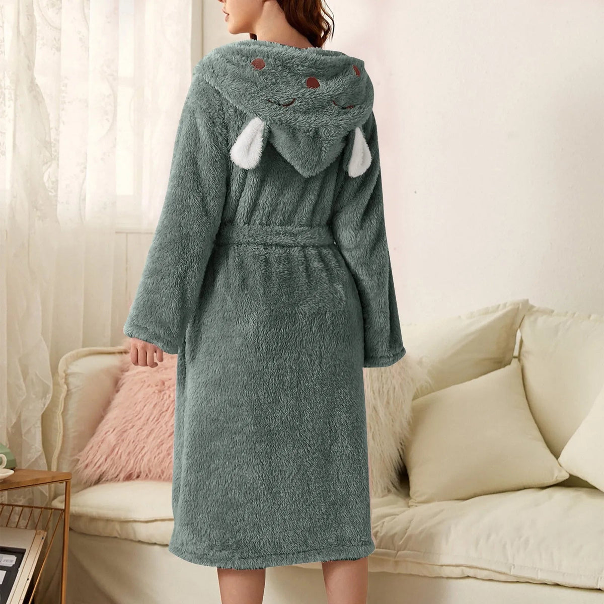 Bathrobe Soft Flannel Hood With Ears Tie Belt