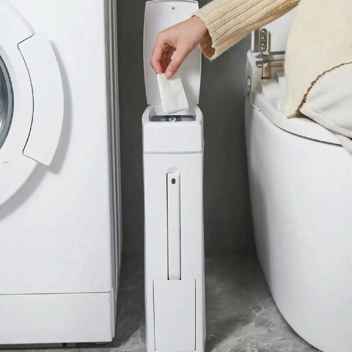 Bathroom Trash Bin Slim Space-Saving Hidden Brush