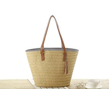 Beach Bag Woven Leather Handles Spacious Interior