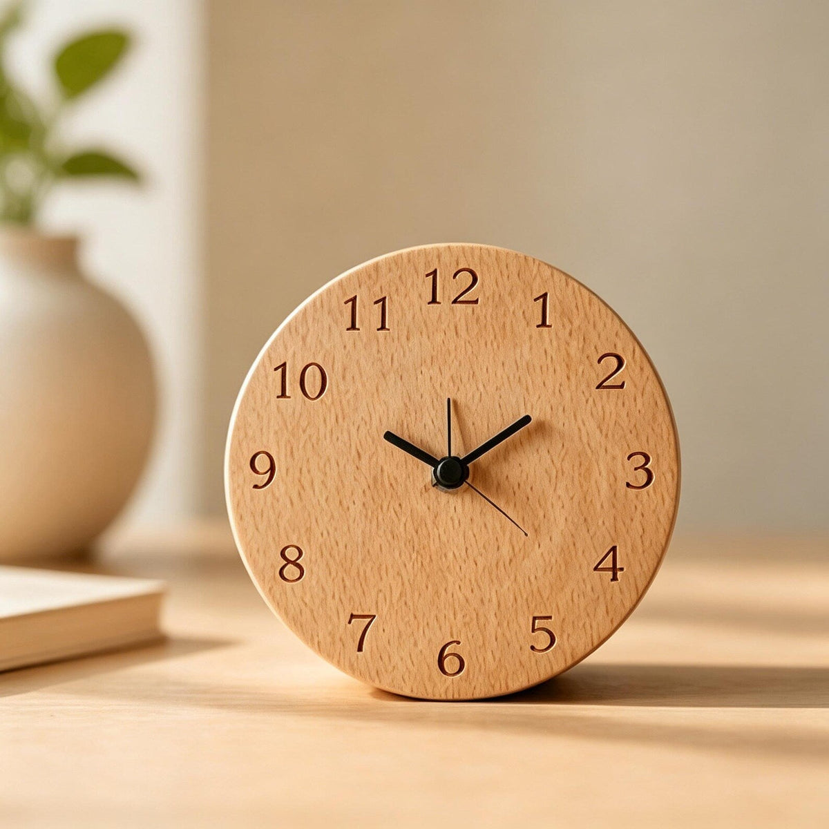 Bedside Alarm Clock Beech Wood Silent Quartz Battery Powered