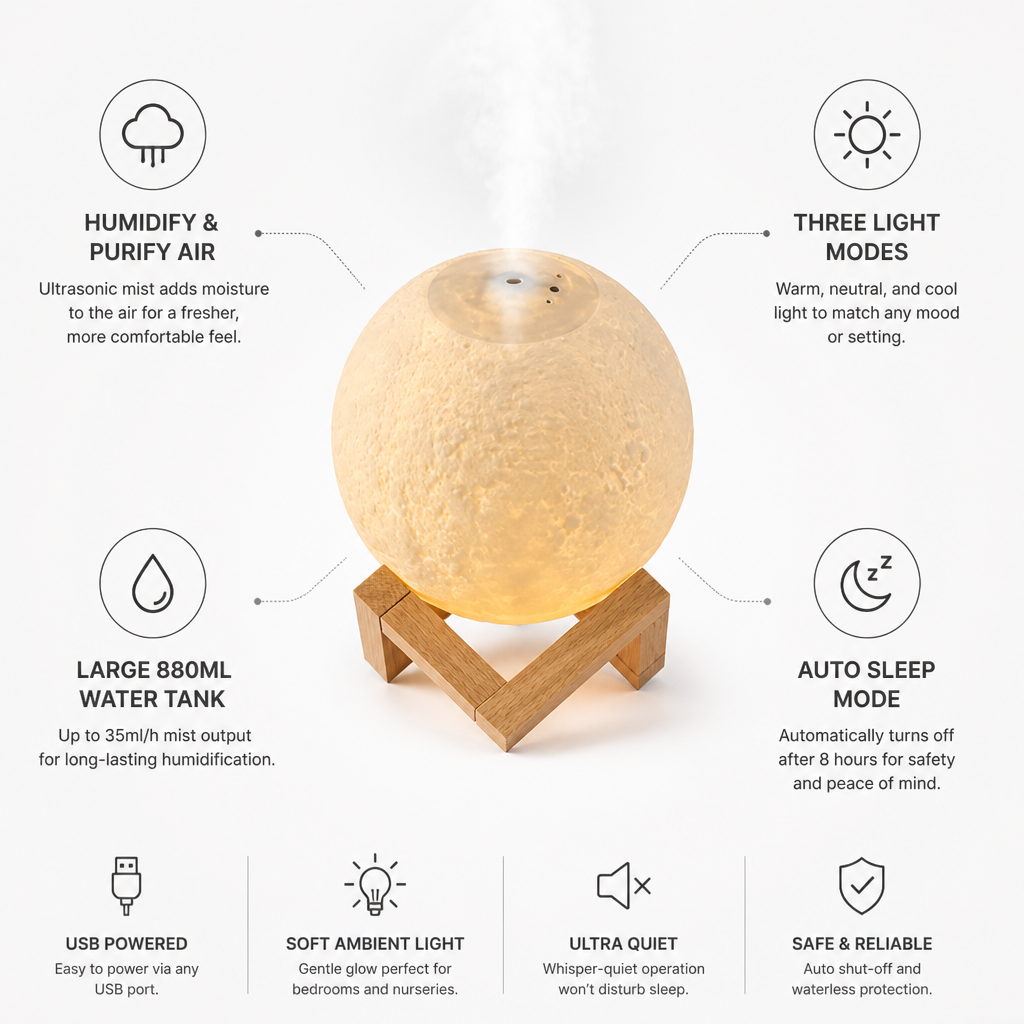 Bedside Humidifier Lamp 880ml Three Light Modes