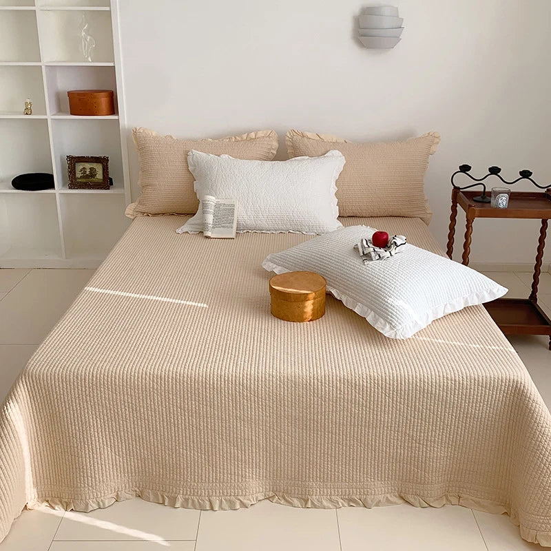 Bedspread Set Waffle Texture Ruffled Hem Quilted Pillowcases Included