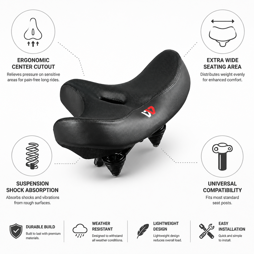 Bicycle Saddle Extra Wide Ergonomic Cutout Shock-Absorbing Suspension