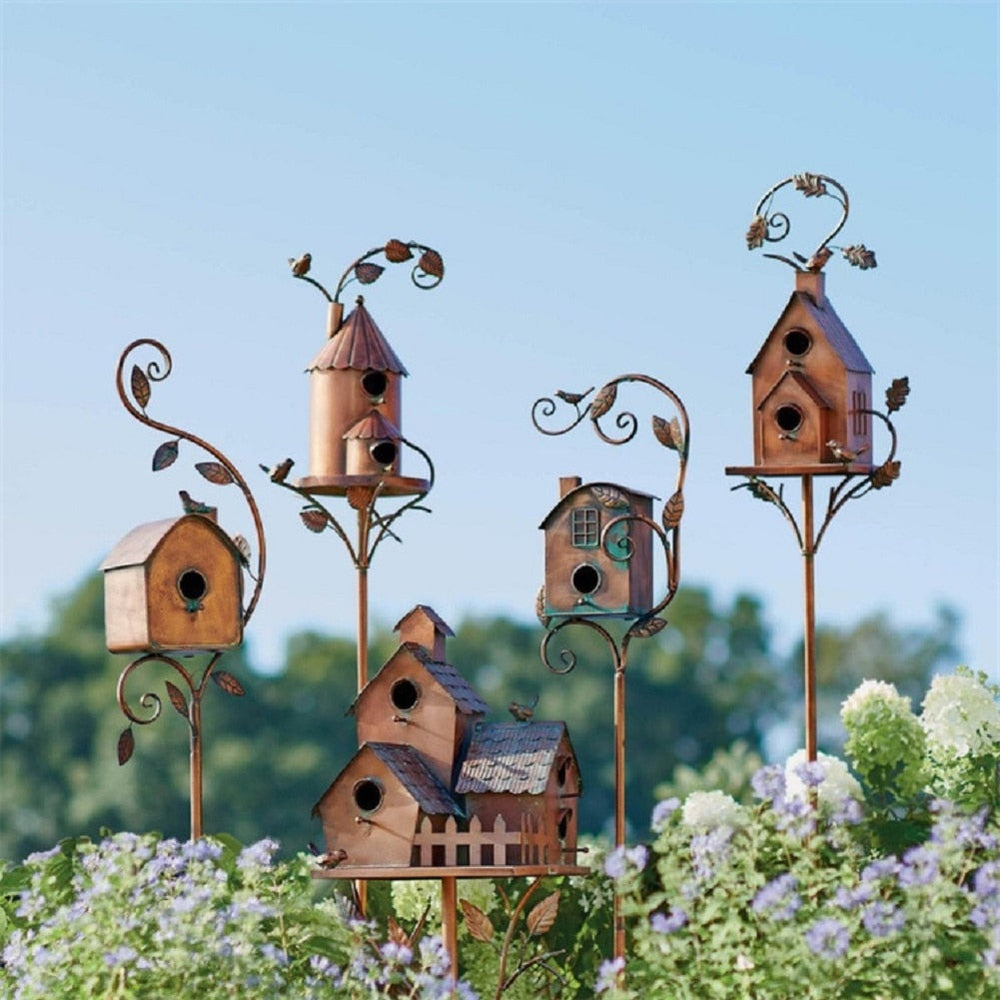 Birdhouse Stake Metal Copper-Bronze Leaf & Vine