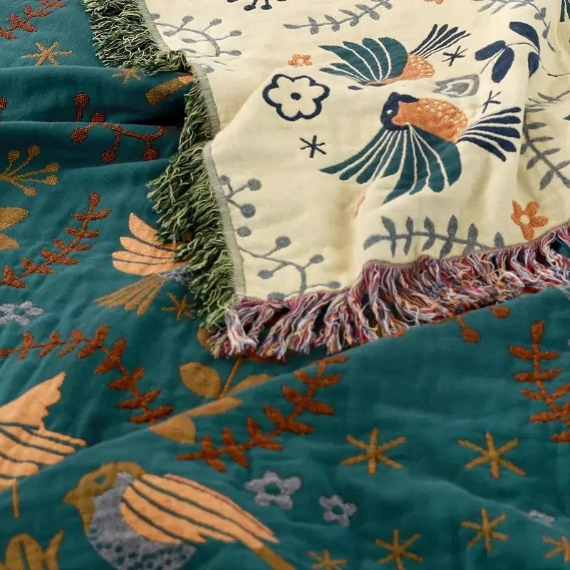Blanket 100% Cotton Reversible Bird Motif Four-Layer Jacquard Weave