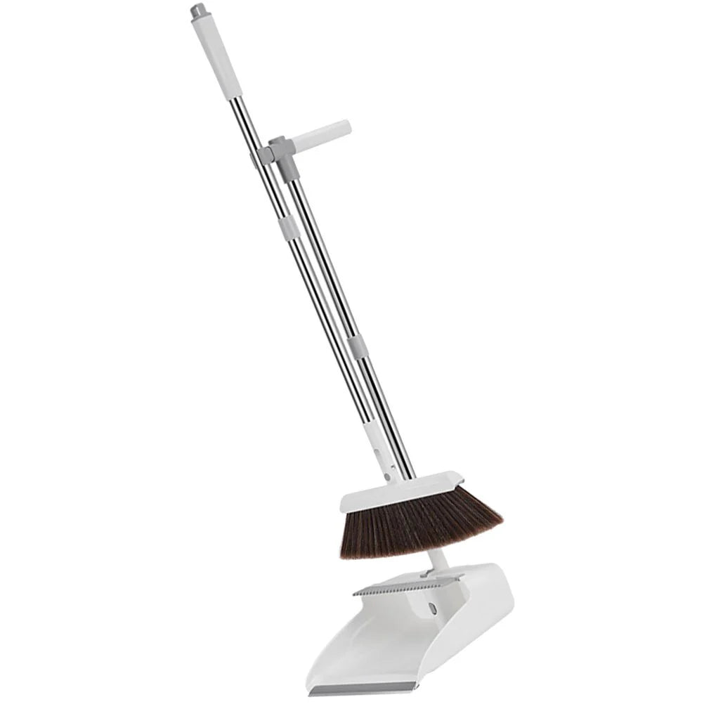 Broom & Dustpan Set Long Adjustable Handle Serrated Edge
