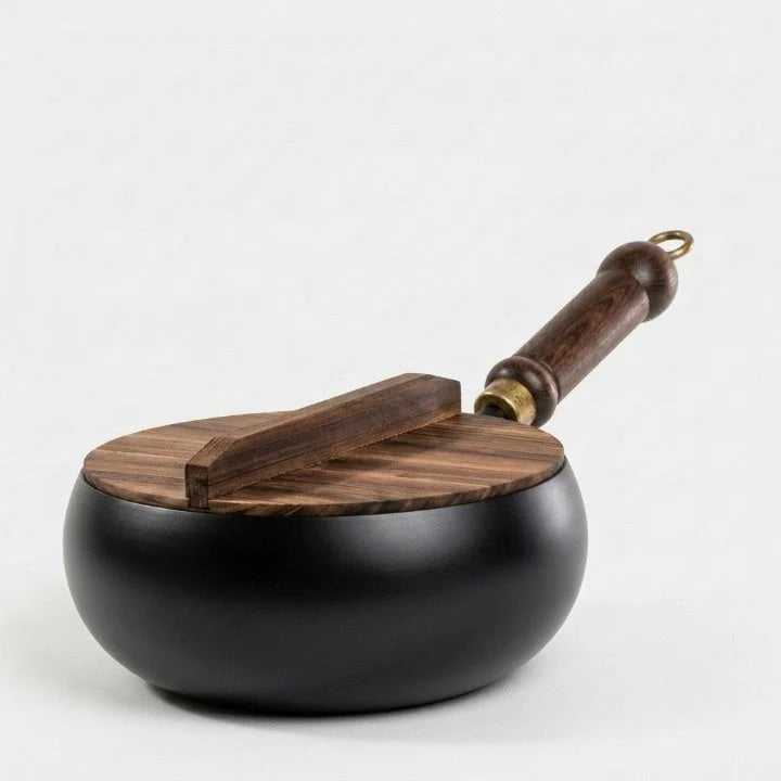 Cast Iron Skillet Superior Heat Retention & Wooden Lid