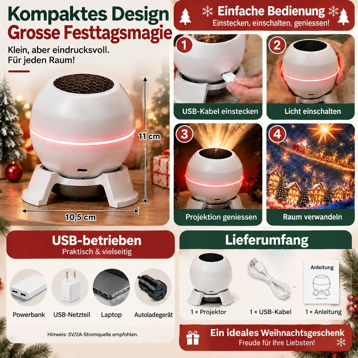 Christmas Light Projector USB-Powered Moving Patterns Indoor Use