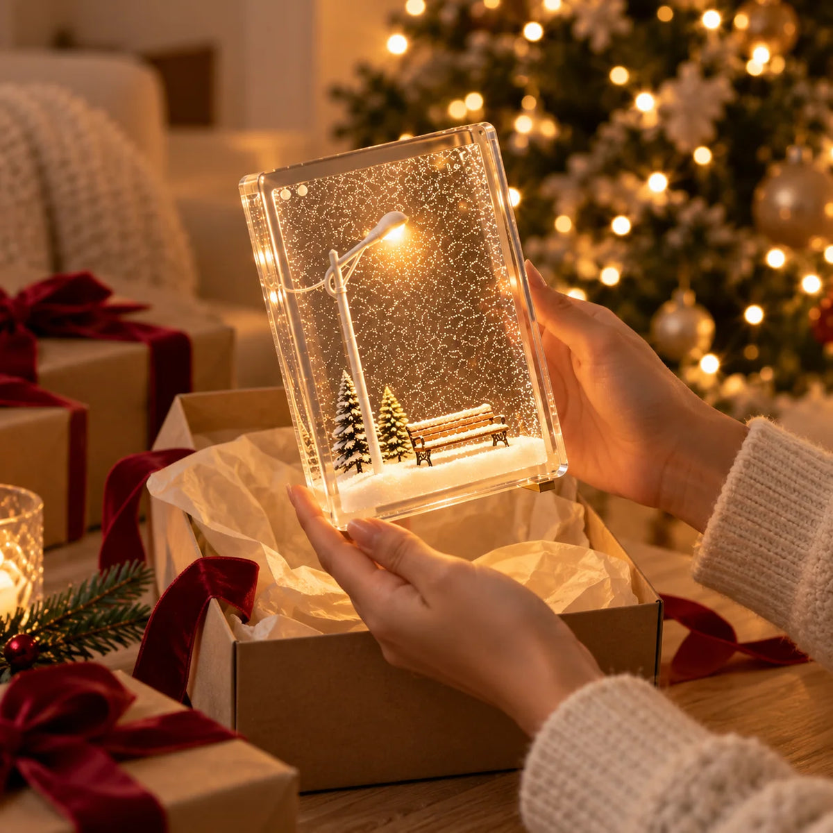 Christmas Night Light Snowy Street Scene Warm White LED