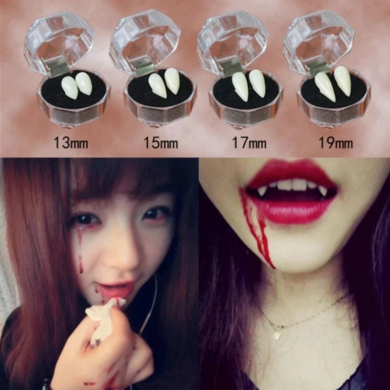 Costume Fangs Lightweight Plastic Four Sizes Fits Over Teeth