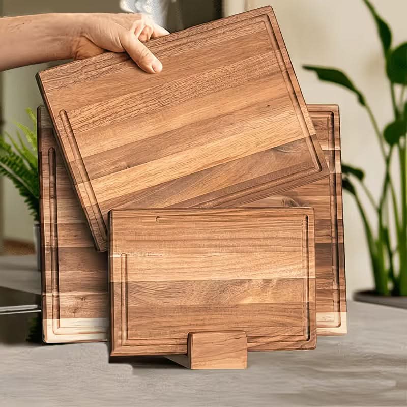 Cutting Board Set Shallow Juice Grooves Wooden Storage Stand Set of 3