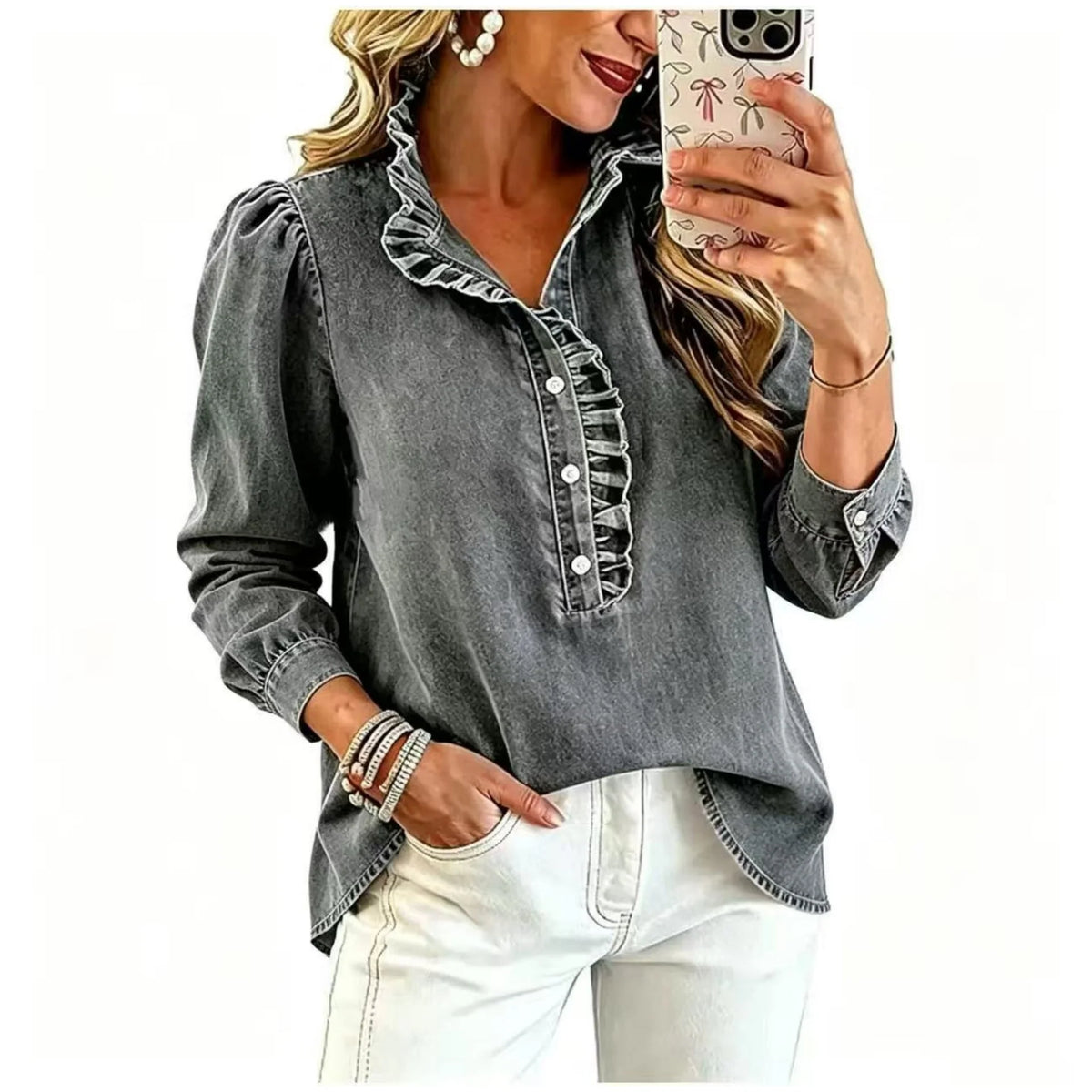 Denim Blouse Ruffled Collar Balloon Sleeves Relaxed Fit