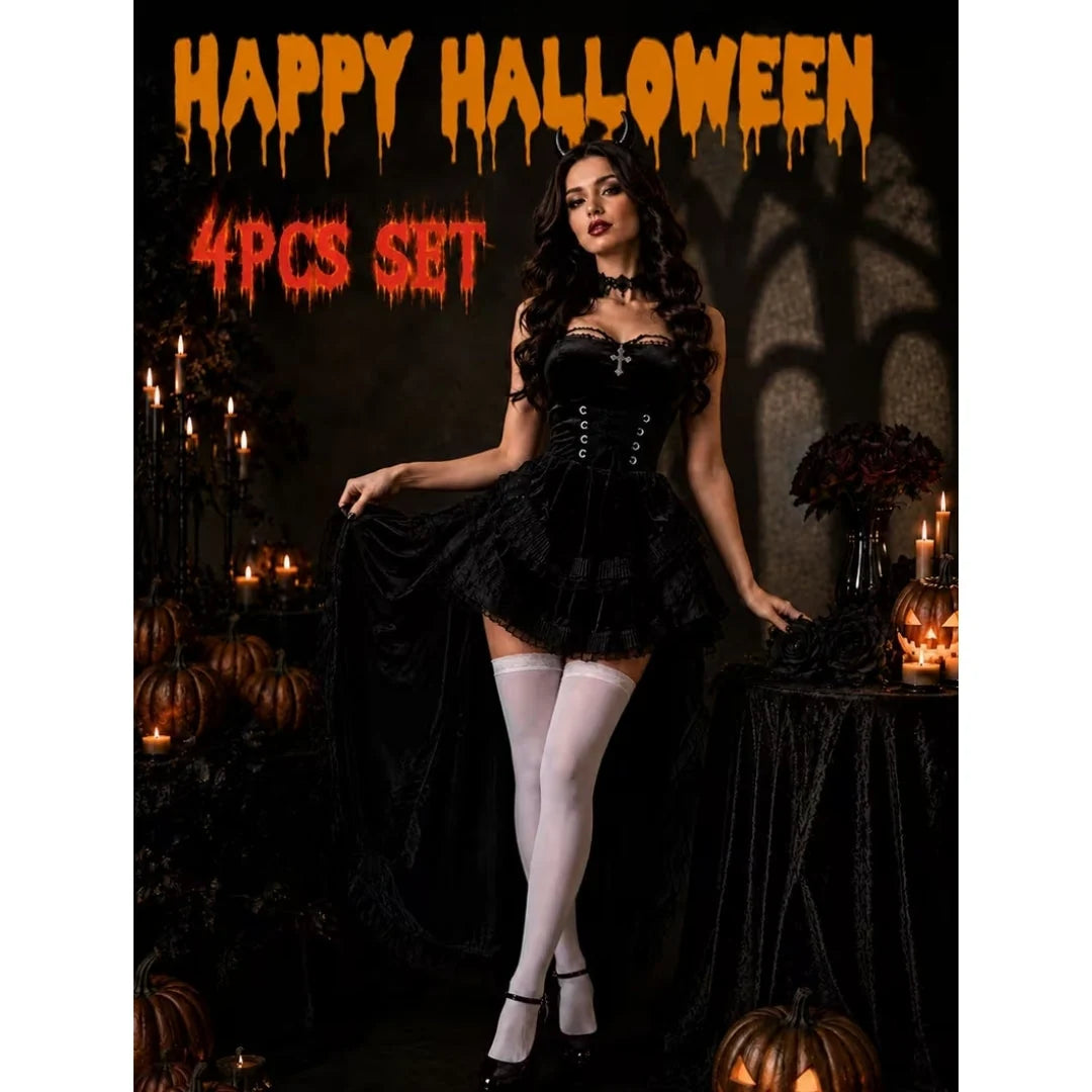 Devil Costume Four-Piece Layered Burgundy Black Lace
