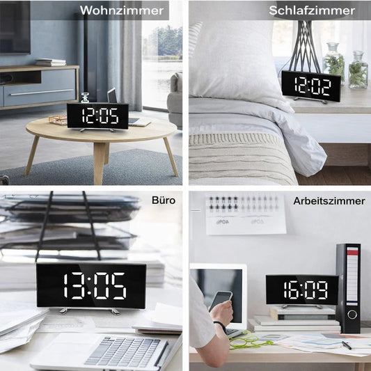 Digital Alarm Clock Curved LED Mirror Auto-Dimming
