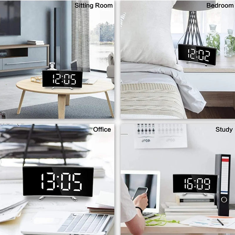 Digital Alarm Clock Curved Mirror LED Gentle Crescendo Alarm