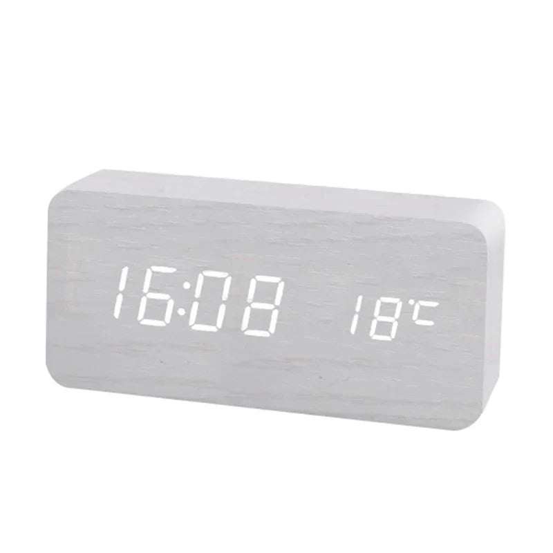Digital Alarm Clock Natural Wood LED Time & Temperature