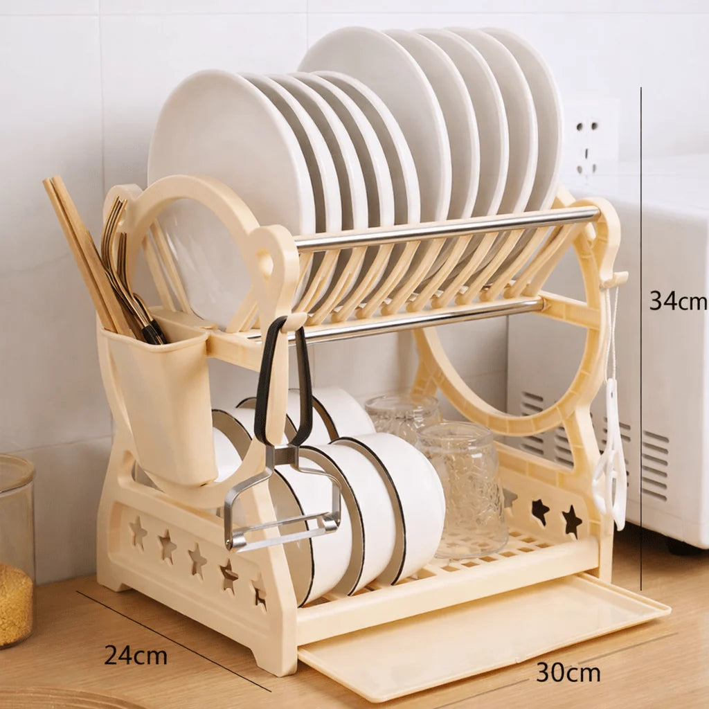 Dish Drying Rack 2-Tier with Drip Tray & Cutlery Holder