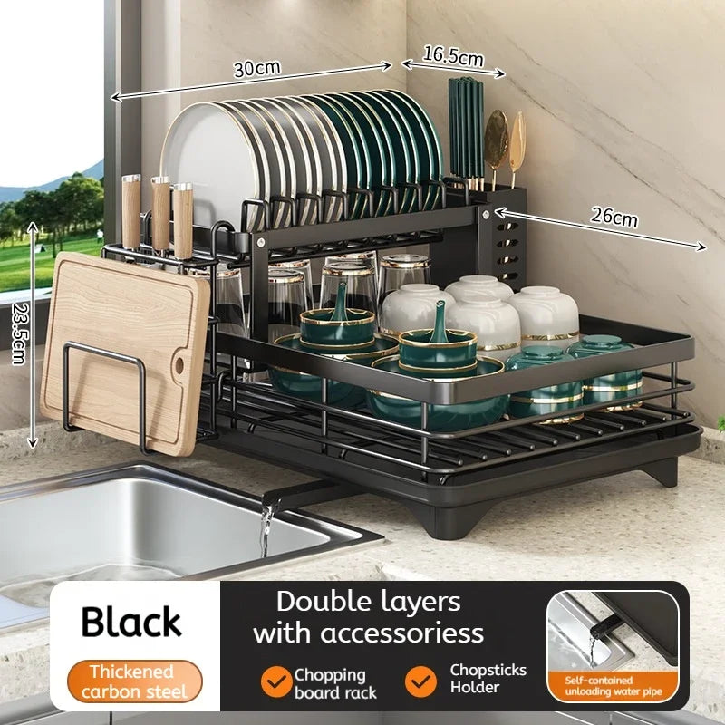 Dish Drying Rack Two-Tier Drain Pipe Cutlery & Board Holder