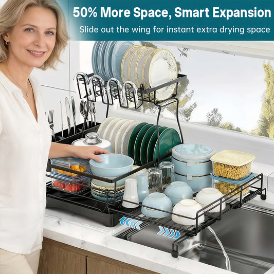 Dish Rack Two-Tier Pull-Out Shelf Drip Tray & Cutlery Holder