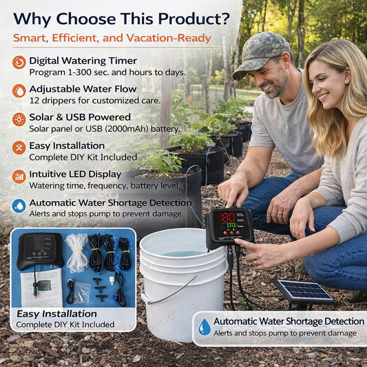 Drip Irrigation System 12-Plant Solar Digital Timer Adjustable Drippers