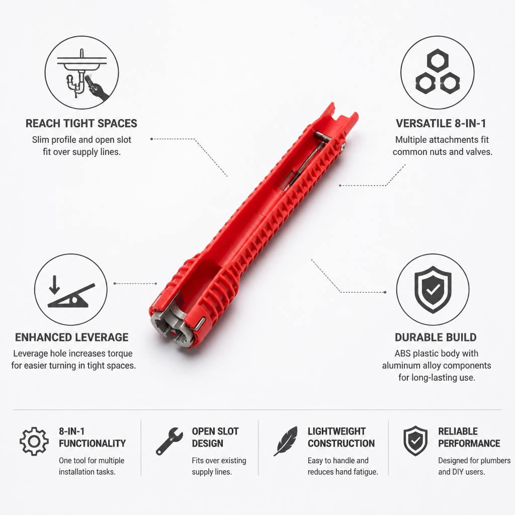 Faucet Wrench Slim Open-Slot 8-In-1 Aluminum