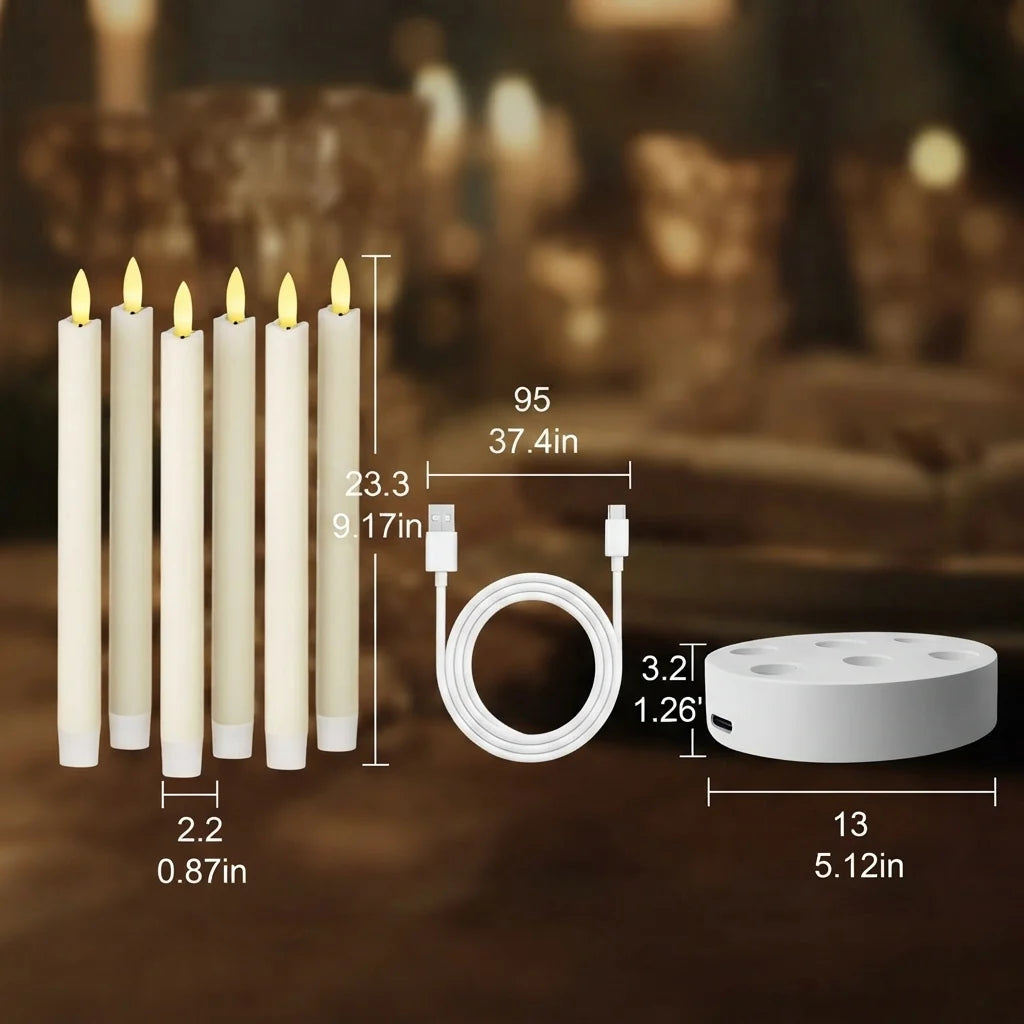 Flameless Taper Candle Realistic LED Rechargeable Remote & Base