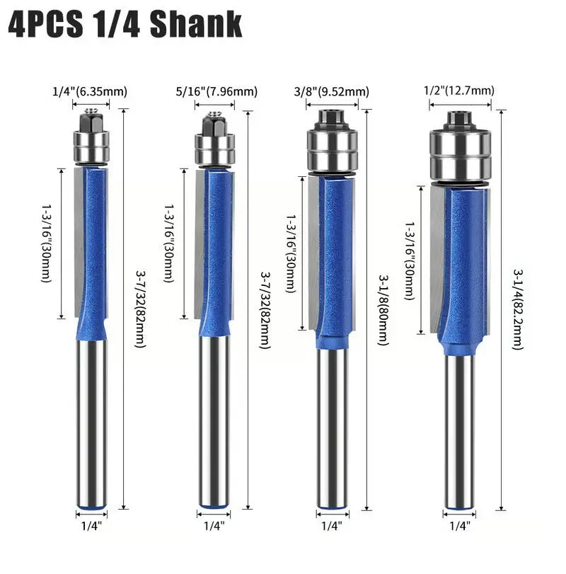 Flush Trim Router Bit Set 4-Piece Tool Steel
