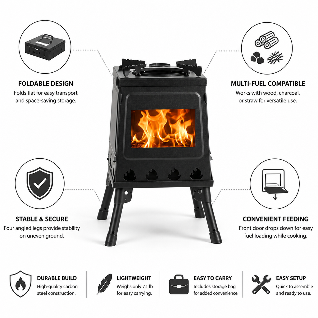 Folding Camping Stove Carbon Steel Multi-Fuel