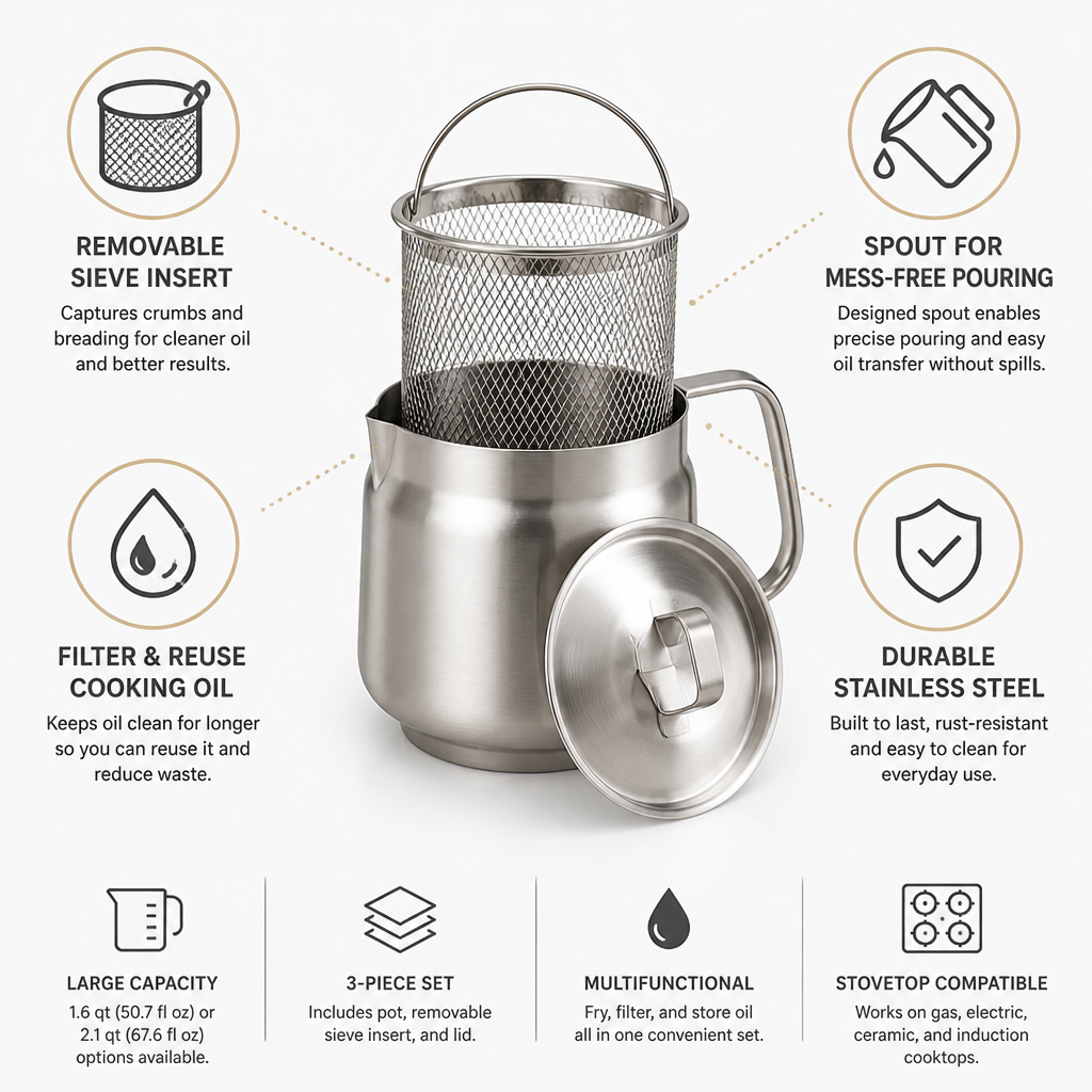 Frying Pot Set Removable Sieve & Pouring Spout