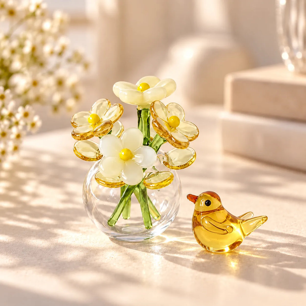 Glass Flower & Bird Decor Set Handmade Miniature】【。