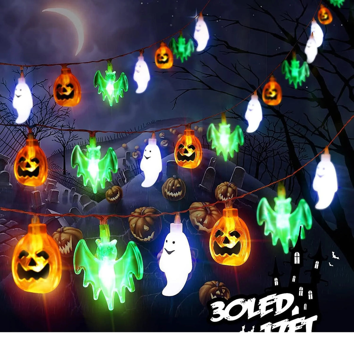 Halloween String Lights Pumpkin Ghost Bat Battery & USB