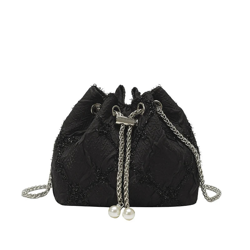 Handbag Satin Drawstring Pearl & Chain Accents