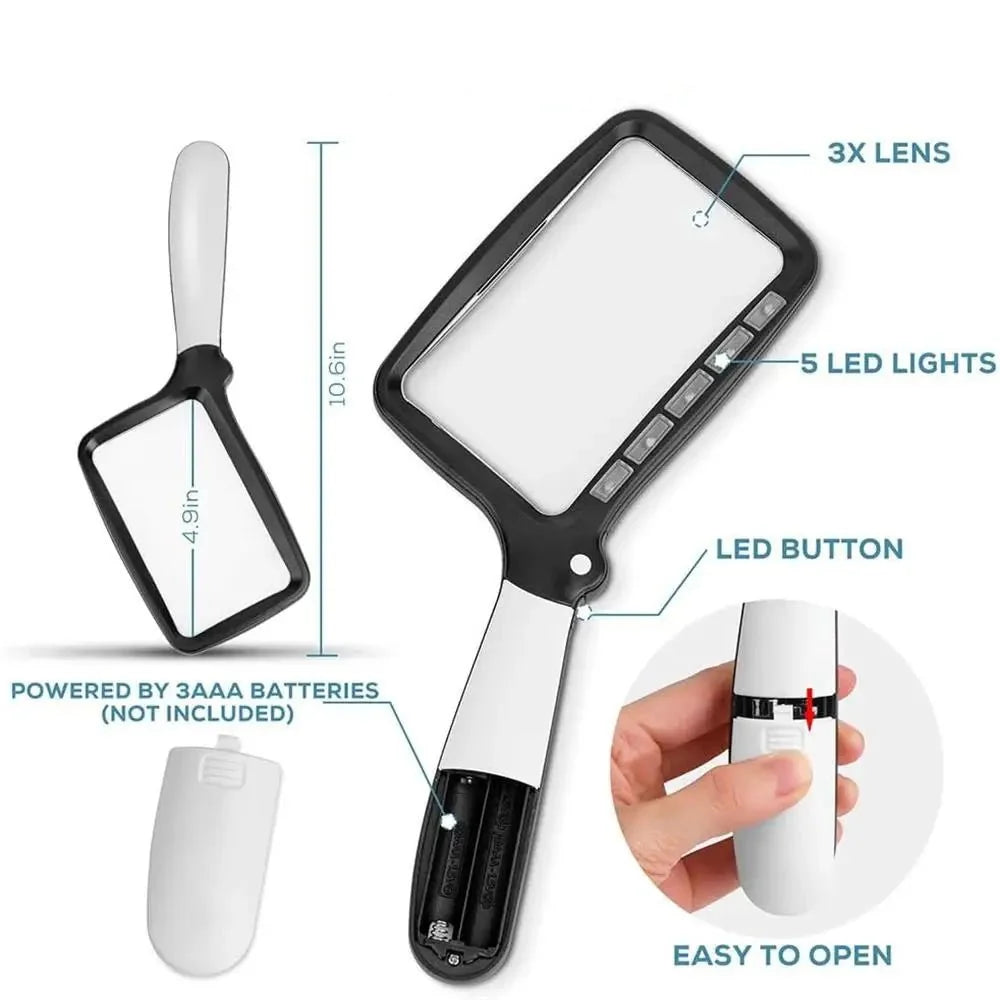 Handheld Magnifying Glass 3x LED Lighting Large Viewing Area