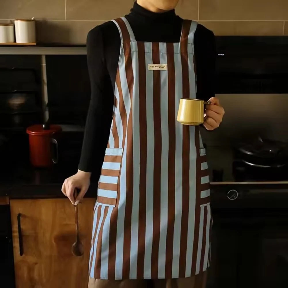 Kitchen Apron Vertical Stripe Breathable Microfiber Pockets