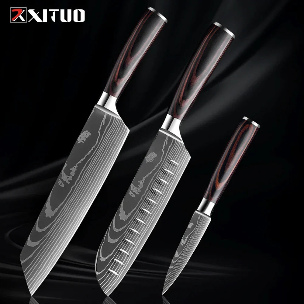 Kitchen Knife Collection - Stainless Steel Chef, Santoku & Fruit Knives in Sets of 1-9 with Ergonomic Pakkawood Handle