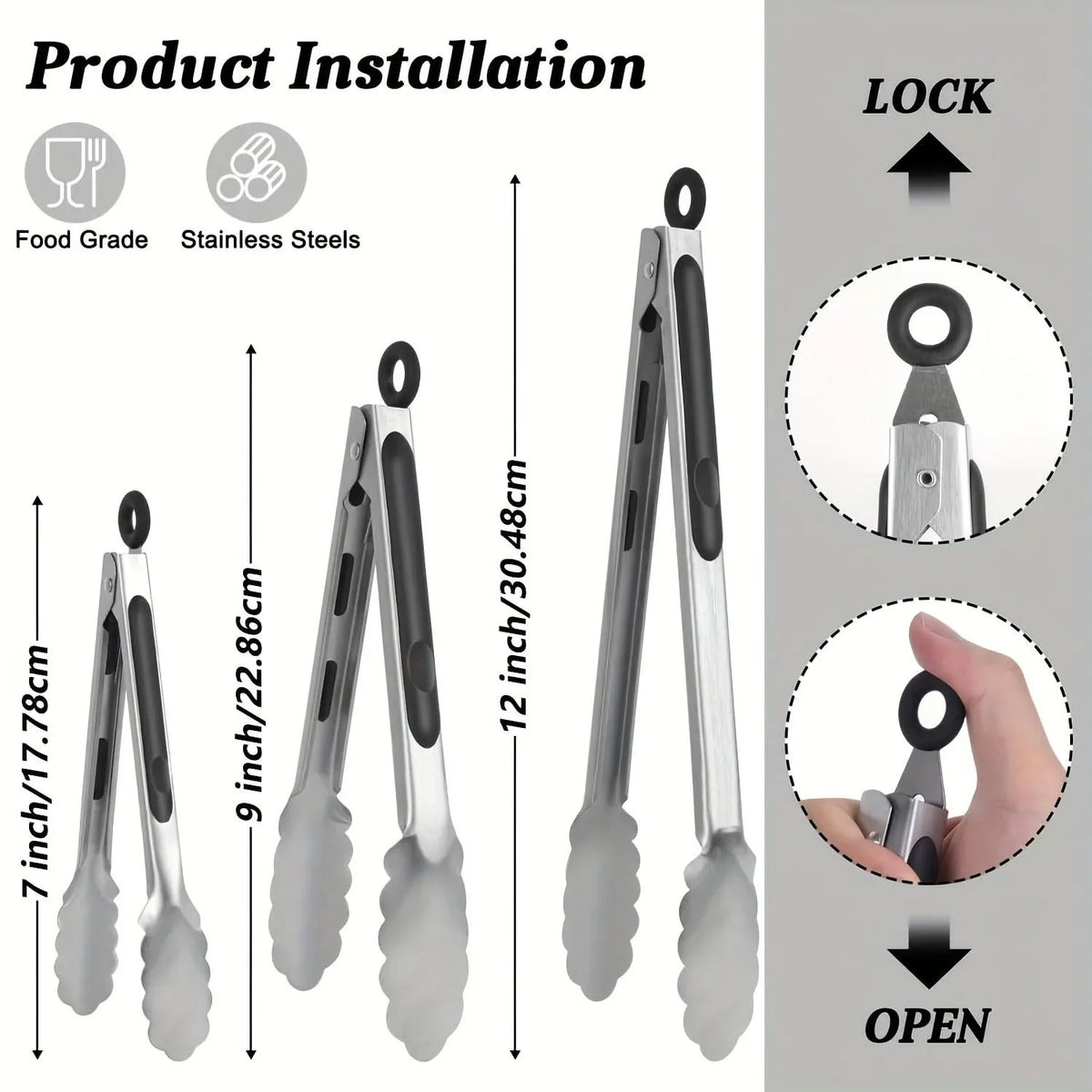Kitchen Tongs Stainless Steel Locking Non-Slip Handles