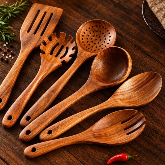 Kitchen Utensil Set Teak Wood Ergonomic & Heat-Resistant