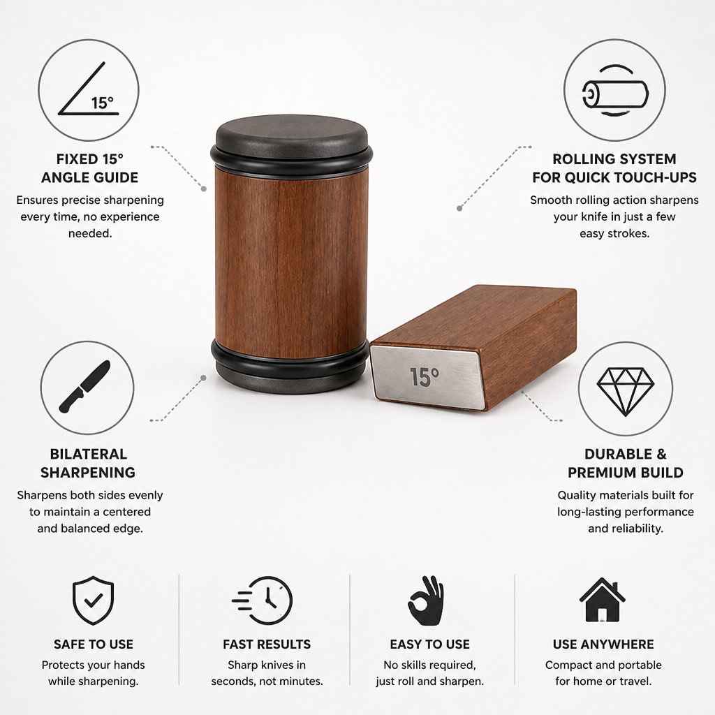 Knife Sharpener Rolling System & 15° Angle Guide