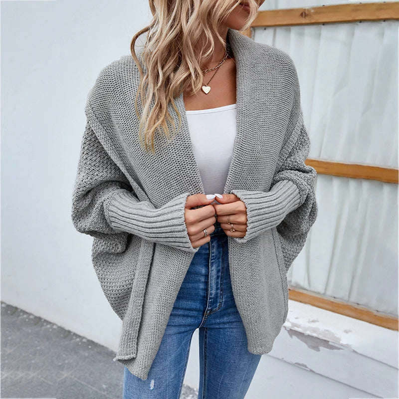 Knit Cardigan Loose Fit Batwing Sleeves Polyester Acrylic Blend