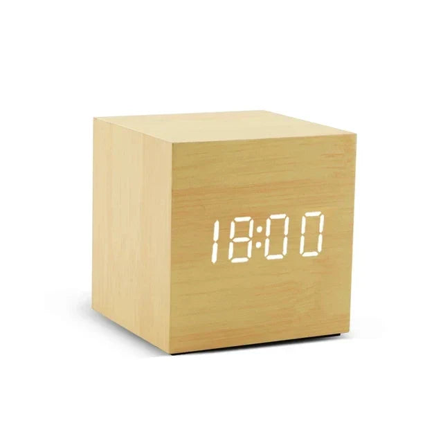 LED Alarm Clock Wood Finish Sound-Activated Temperature Display