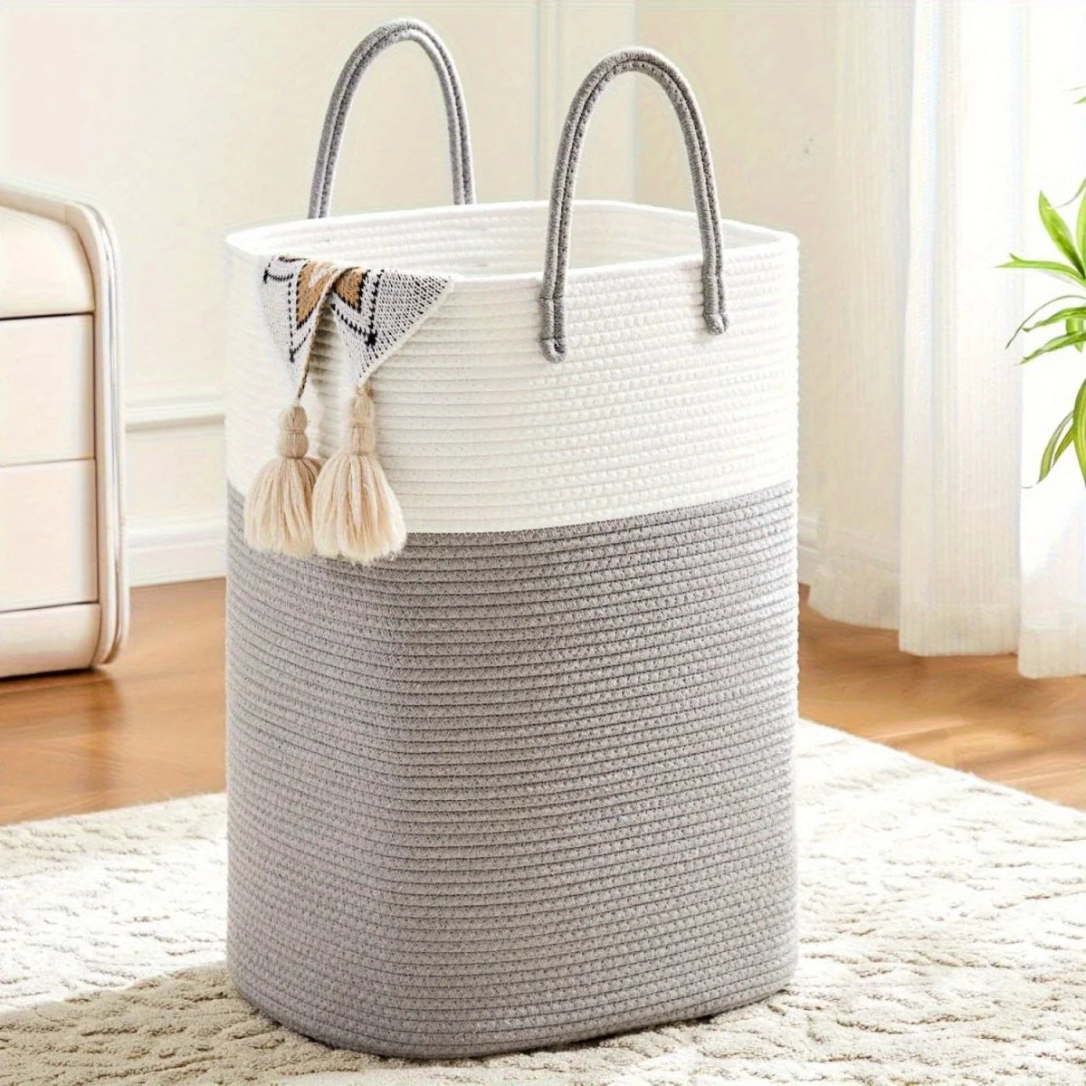 Laundry Basket Woven Cotton Foldable with Carry Handles