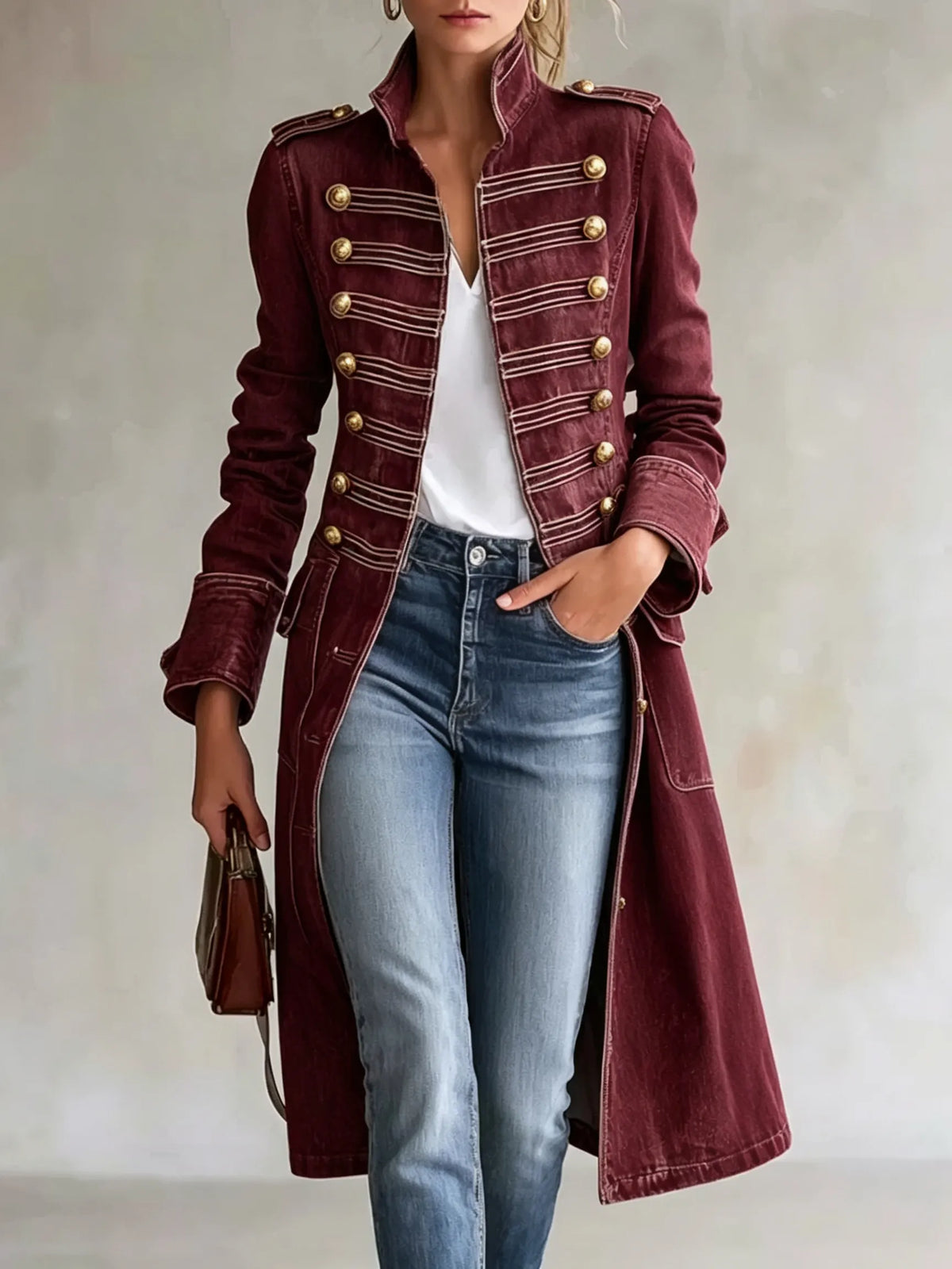 Long Coat Military-Inspired Double-Breasted Officer Collar