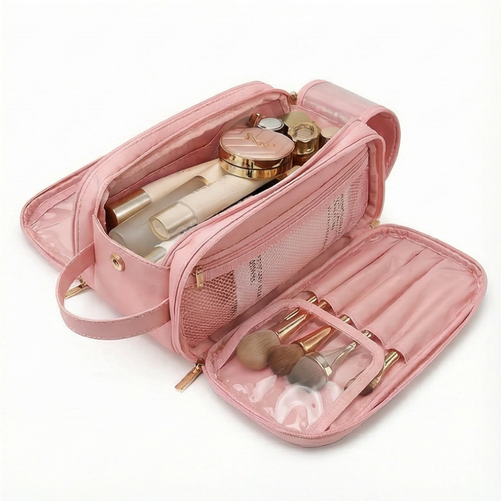 Makeup Organizer Case Flat-Opening Waterproof PU Leather
