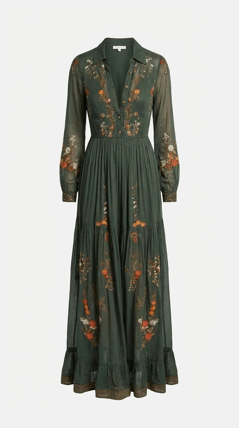 Maxi Dress Floral Detail Long Sleeves Tiered Ruffle Skirt